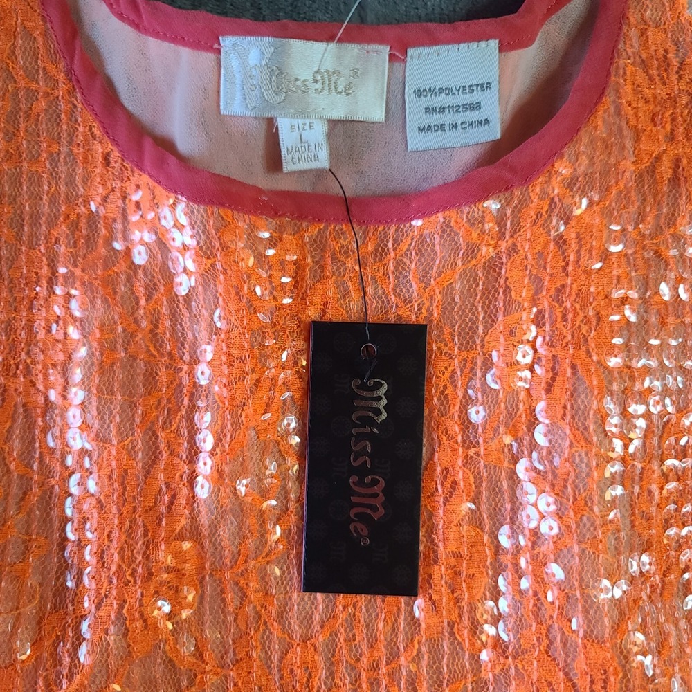 *NWT* MISS ME Lace Layered Orange Sleeveless Tank Women's  Top Size L - Picture 2 of 12